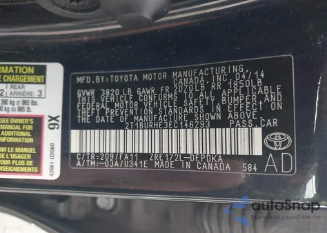 2014 Toyota Corolla L из США, поврежденный, VIN 2T1BURHE3EC146293